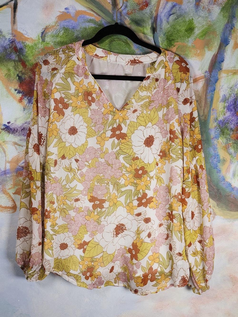 Women's Floral V-Neck Long Sleeve Blouse in Pink, Yellow and Brown